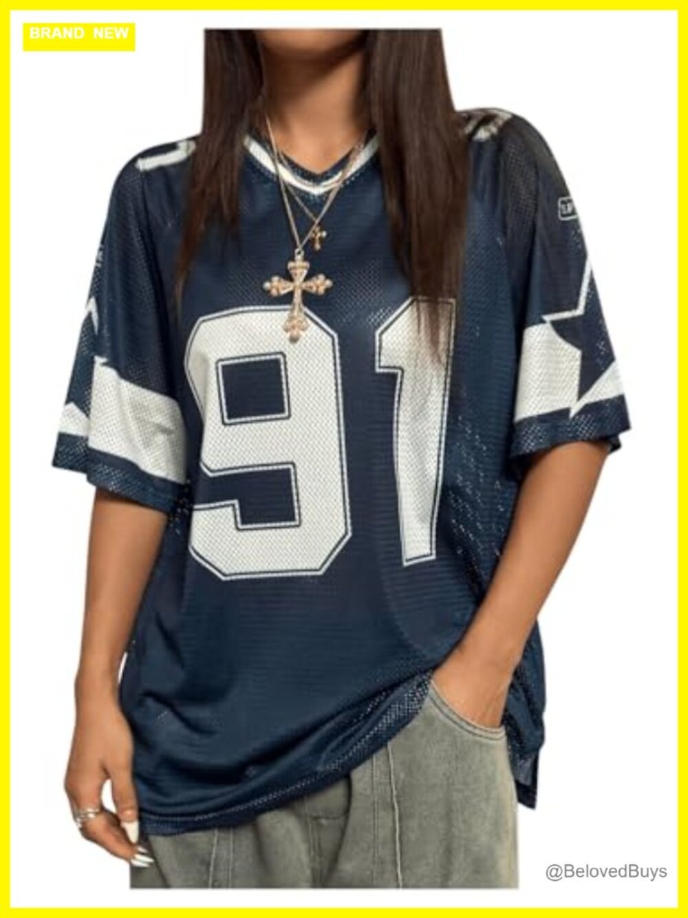Women's Oversized V Neck Football Jersey Top Short Sleeve Graphic Print